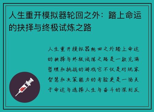 人生重开模拟器轮回之外：踏上命运的抉择与终极试炼之路